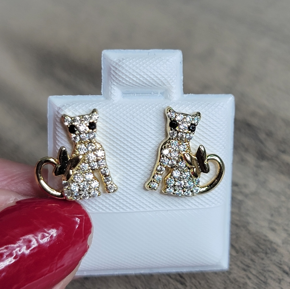 Gold Cat Stud Earrings  rhinestones pave kitty with butterfly accent 10 MM *